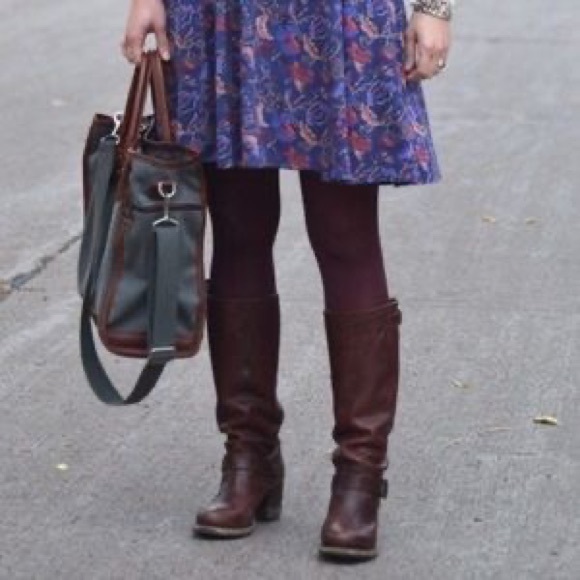 Frye Vera Slouch Grey Black Leather Block Heel Moto Knee High Tall Buckle Boot - Picture 6 of 13